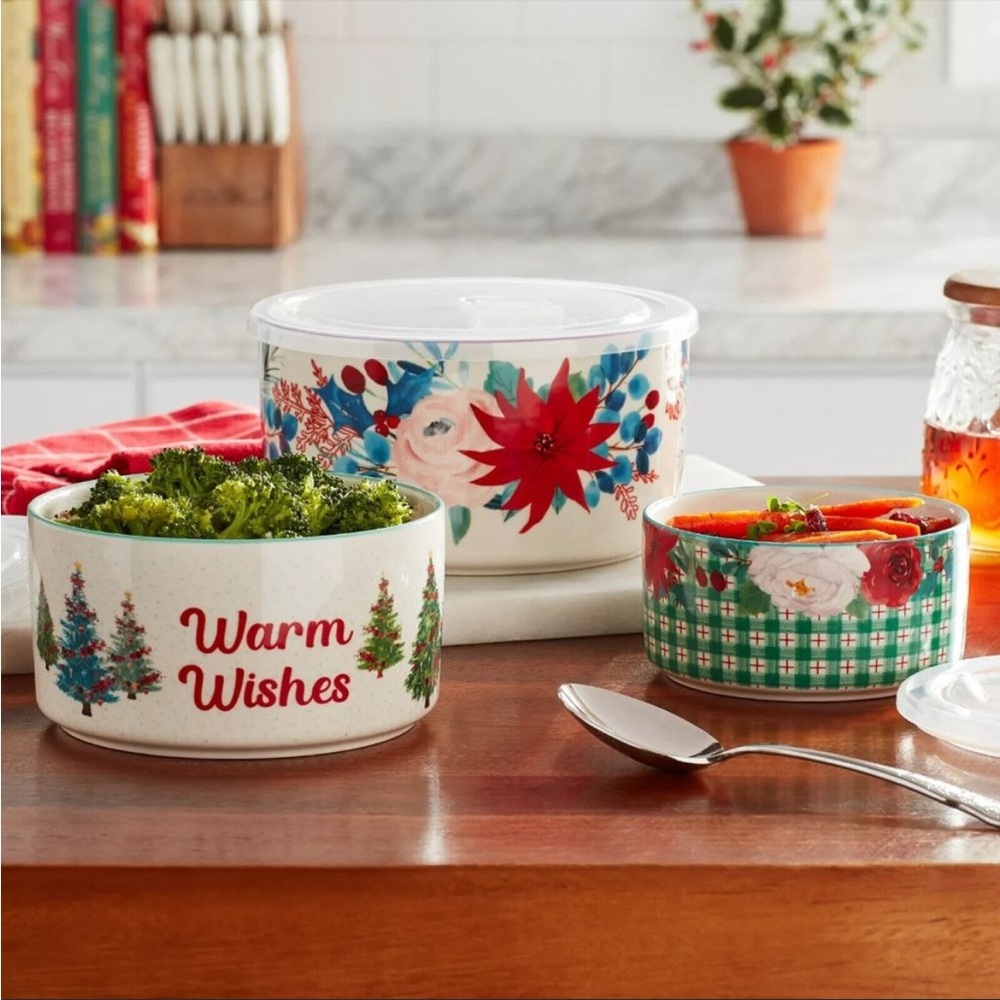 The Pioneer Woman Wishful Winter 6-Piece Ceramic Nesting Bowl Set with Lids NWT